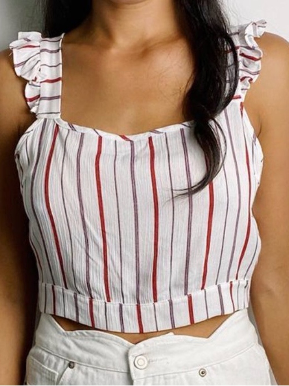 Cozy Casual White Crop Top with Red and Brown Stripes
